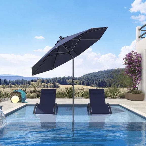 PURPLE LEAF 9' Round Outdoor Table Umbrella with Crank and Tilt, Aluminum Frame Patio Market Sun Umbrella, 8 Sturdy Ribs, Navy Blue