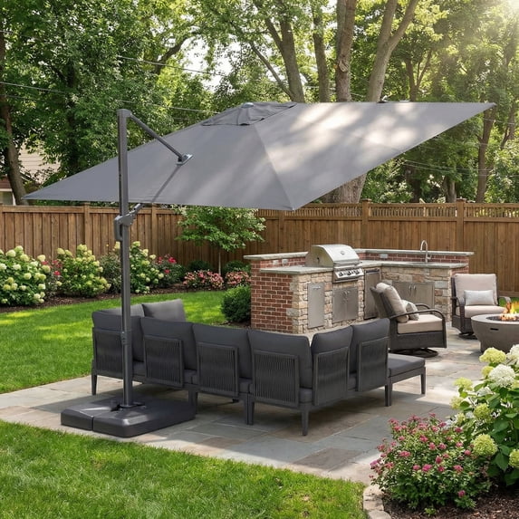 PURPLE LEAF 9' X 11.5' Patio Cantilever Umbrella Outdoor Offset Rectangle Umbrella with 360-degree Rotation for Deck Pool Garden,Dark Grey