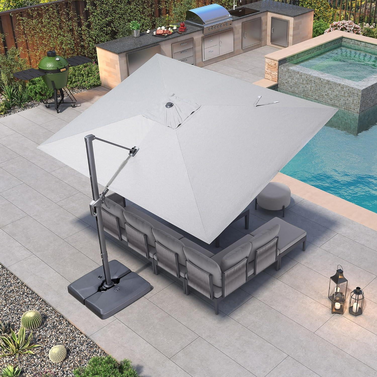 Light Gray Aluminum Cantilever Patio Umbrella with Stand, 9' x 11.5'