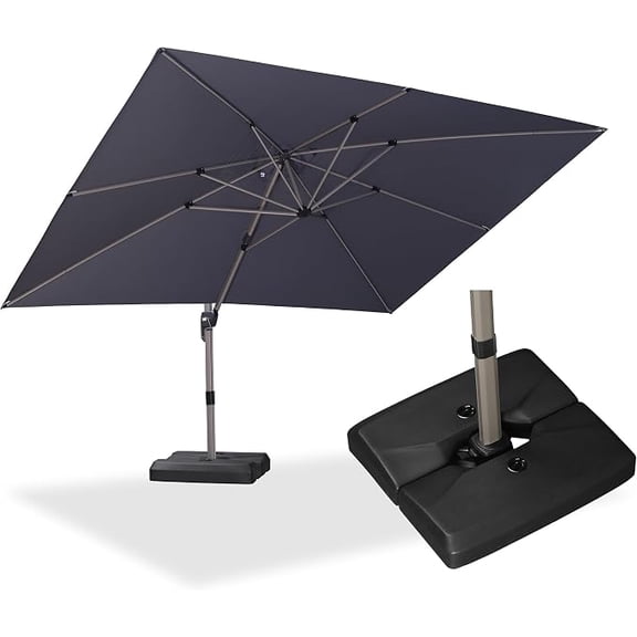 PURPLE LEAF 9’X 11’ Aluminum Champagne-Framed Offset Cantilever Umbrella with Base, 360° Rotation for Pool Deck Garden, Light Grey
