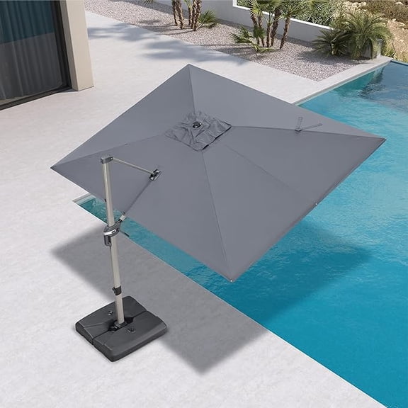PURPLE LEAF 9’X 11’Patio Cantilever Umbrella, Aluminum Champagne Frame and 360° Rotation for Pool Deck Garden, Light Grey
