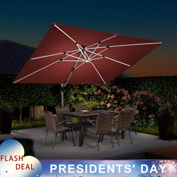 PURPLE LEAF 9' X 12' Rectangle Patio Umbrella with Solar Powered LED Offset Hanging Umbrella Outdoor Double Top Deluxe Market Umbrella Garden Umbrella Cantilever Umbrella, Brick Red