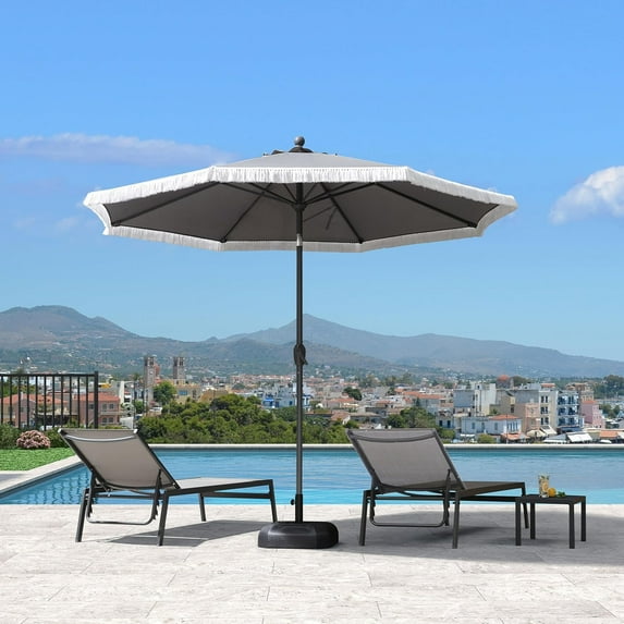 PURPLE LEAF 9 ft Patio Umbrella with Fringe Tassel Outdoor Market Umbrella w/ Tilt & Crank, 8 Aluminum Ribs, UV Protection for Garden Deck Pool Patio - Gray