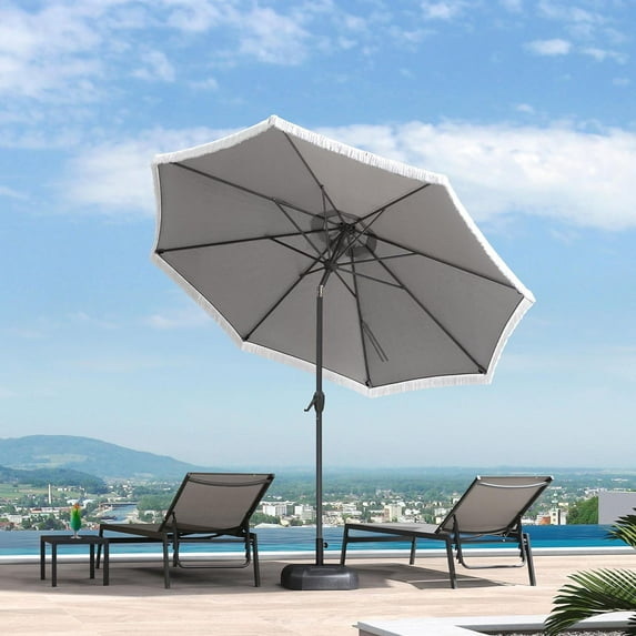 PURPLE LEAF 9 ft Patio Umbrella with Fringe Tassel Outdoor Market Umbrella w/ Tilt & Crank, 8 Aluminum Ribs, UV Protection for Garden Deck Pool Patio - Light Gray