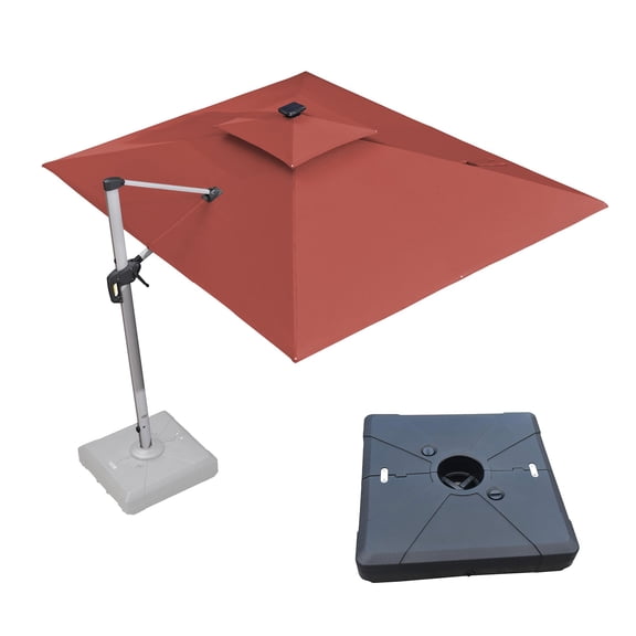 PURPLE LEAF 9 x 12FT Deluxe Rectangle Solar Powered LED Patio Umbrella with Base, Large Offset Cantilever Umbrella with 360° Rotation, Black Red