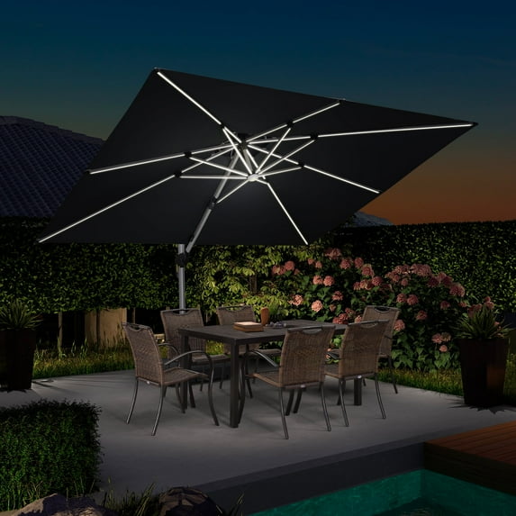 PURPLE LEAF 9 x 12FT Deluxe Rectangle Solar Powered LED Patio Umbrella with Base, Large Offset Cantilever Umbrella with 360° Rotation, Black