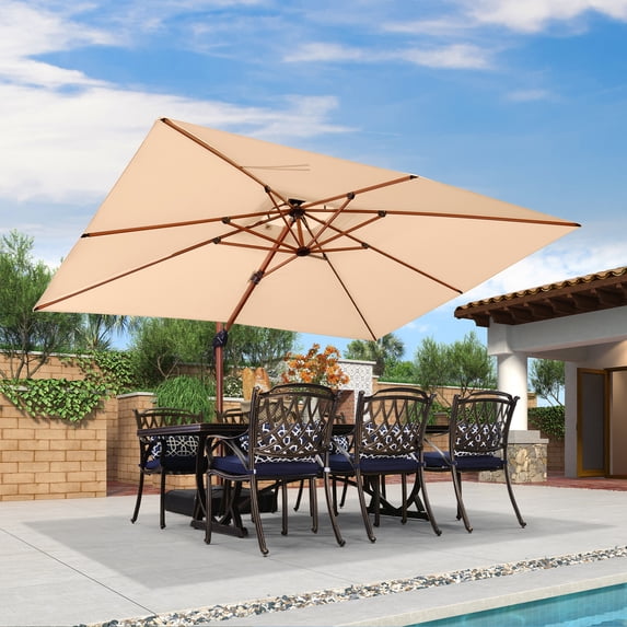 PURPLE LEAF 9 x 12FT Deluxe Rectangle Wood Grain Patio Umbrella, Large Offset Cantilever Umbrella with 360° Rotation, Beige