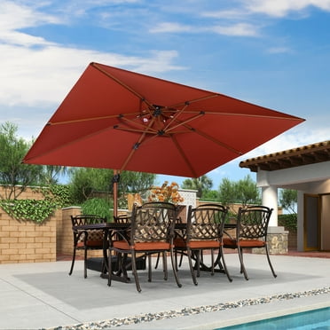 PURPLE LEAF 9 x 12FT Deluxe Rectangle Wood Grain Patio Umbrella, Large Offset Cantilever Umbrella with 360° Rotation, Black Red