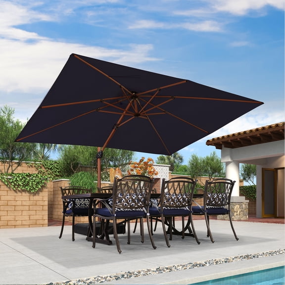PURPLE LEAF 9 x 12FT Deluxe Rectangle Wood Grain Patio Umbrella, Large Offset Cantilever Umbrella with 360° Rotation, Navy Blue