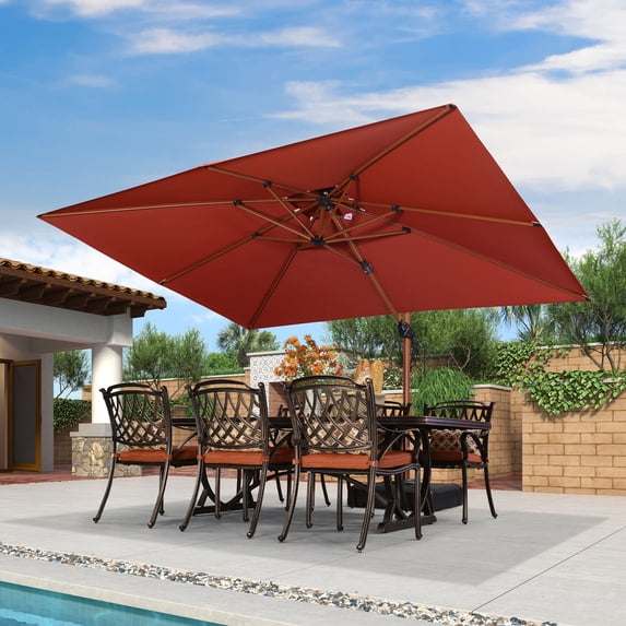 PURPLE LEAF 9 x 12FT Deluxe Rectangle Wood Grain Patio Umbrella with Base, Large Offset Cantilever Umbrella with 360° Rotation, Black Red