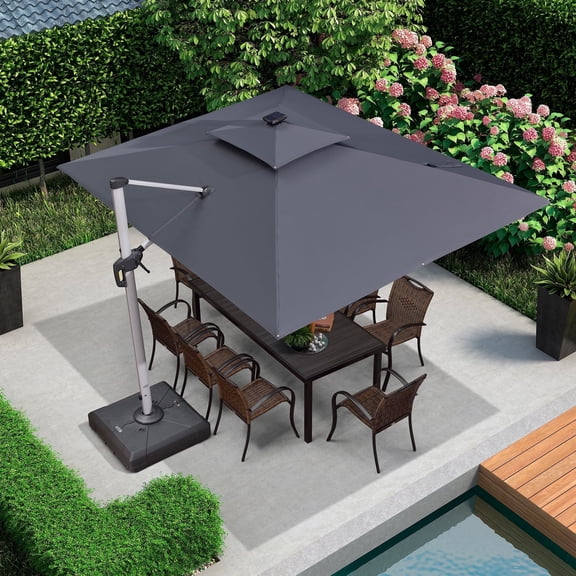 PURPLE LEAF 9 x 12FT Rectangular Double Top Deluxe Solar Powered LED Patio Umbrella Outdoor Cantilever Umbrella, Gray