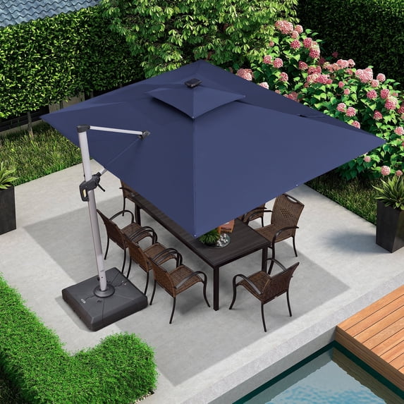 PURPLE LEAF 9 x 12FT Rectangular Double Top Deluxe Solar Powered LED Patio Umbrella Outdoor Cantilever Umbrella, Navy Blue