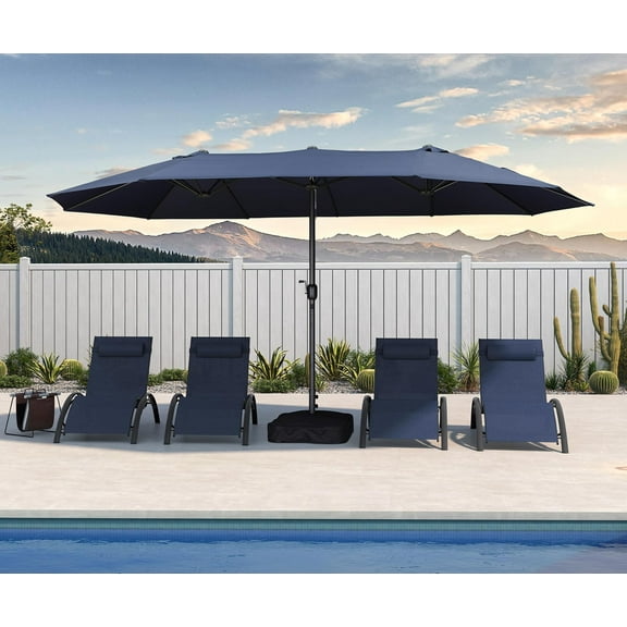 PURPLE LEAF 9 x 15FT Double-Sided Patio Market Umbrella with Base, Heavy Duty Outdoor Table Sun Umbrella with 12 Sturdy Ribs, Navy Blue