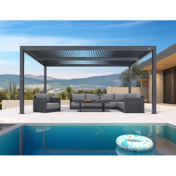 PURPLE LEAF 94AS 10'x16' Mini Pergola Heavy-Duty Aluminum Pavilion with Adjustable Louvered Top for Patio Deck Shelter Dark Gray All-Weather Outdoor