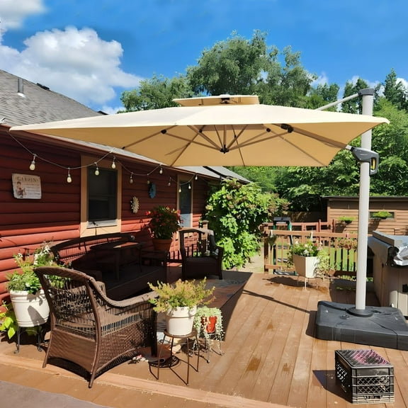 PURPLE LEAF 9FT Deluxe Square Patio Umbrella, Large Offset Cantilever Umbrella with 360° Rotation, Beige