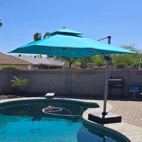 Purple Leaf 9ft Outdoor Patio Umbrella - Offset Cantilever Design with 360° Rotation, Turquoise Blue Square Market Umbrella for Deck, Pool, and Garden