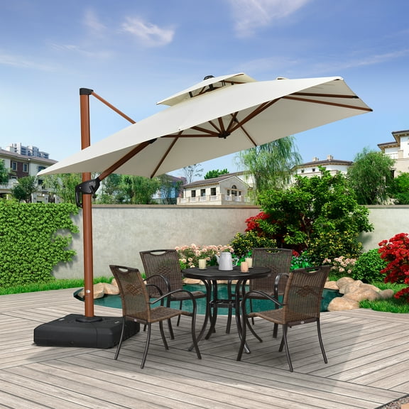 PURPLE LEAF 9FT Deluxe Square Wood Grain Patio Umbrella, Large Offset Cantilever Umbrella with 360° Rotation, Cream