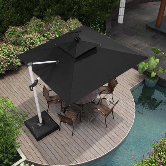 PURPLE LEAF 9FT Square Double Top Deluxe Solar Powered LED Patio Umbrella Outdoor Cantilever Umbrella, Black