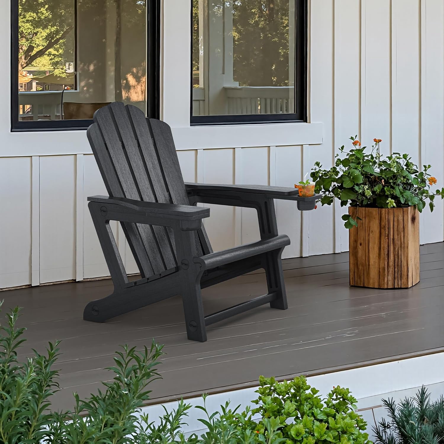 PURPLE LEAF Adirondack Chair HDPE All-Weather Outdoor Fire Pit Chair with 24.6" Oversized Seat Wood-Textured Patio Adirondack Chair with Dual Cup Holders for Garden Deck Backyard, Black
