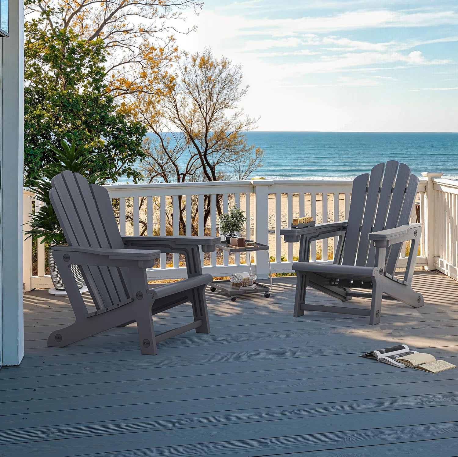 PURPLE LEAF Adirondack Chair Set of 2 HDPE All-Weather Outdoor Fire Pit Chair with 24.6" Oversized Seat Wood-Textured Patio Adirondack Chair with Dual Cup Holders for Garden Deck Backyard, Gray