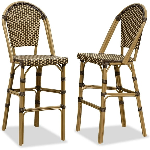 PURPLE LEAF Bar Stools Set of 2 French Outdoor Bar Stool Bamboo Print Finish Back Rattan Wicker Patio Outdoor Bar Height Bar Stools with Footrest, Brown