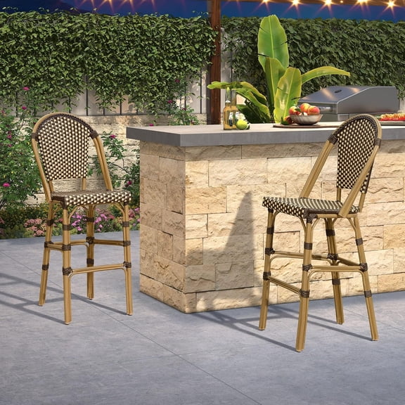 PURPLE LEAF Bar Stools Set of 2 French Outdoor Bar Stool Bamboo Print Finish Back Rattan Wicker Patio Outdoor Bar Height Bar Stools with Footrest, Brown