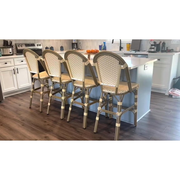 PURPLE LEAF Bar Stools Set of 2 French Outdoor Bar Stool Bamboo Print Finish Back Rattan Wicker Patio Outdoor Bar Height Bar Stools with Footrest, Yellow