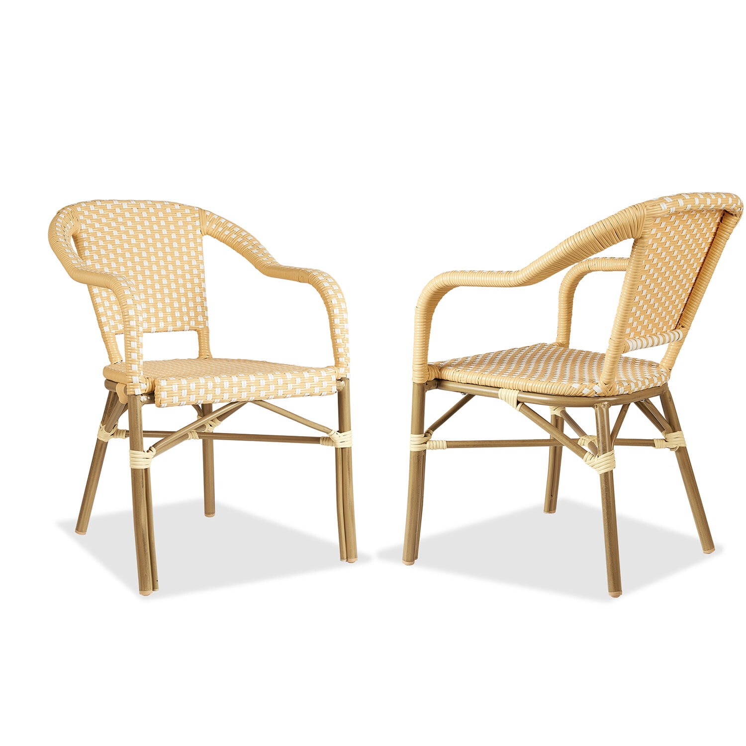 PURPLE LEAF Bistro Chair Set of 2 Outdoor Dining Chairs French Hand-Woven Wicker Bamboo Print Finish Armchairs for Patio Porch Garden Indoor, Cream Yellow