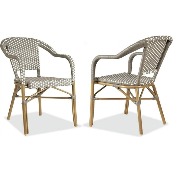 PURPLE LEAF Bistro Chair Set of 2 Outdoor Dining Chairs French Hand-Woven Wicker Bamboo Print Finish Armchairs for Patio Porch Garden Indoor, Gray