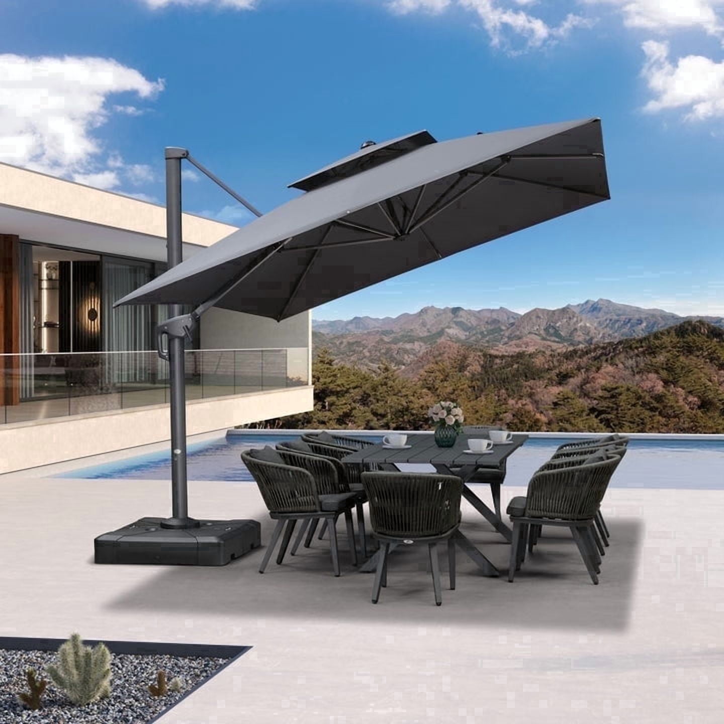 PURPLE LEAF Cantilever Patio Umbrella With Base 10' x 13' Rectangle Double Top Outdoor Heavy Duty Aluminum, Grey, for Patio, Deck, Garden, Pool