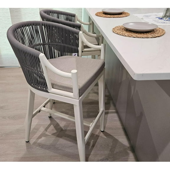 PURPLE LEAF Counter Height Bar Stools Set of 2 Patio Rattan Bar Stool Chairs Outdoor Modern Boho Barstools with Backs and Ergonomic Armrest for Balcony Garden Indoor Kitchen Island, White