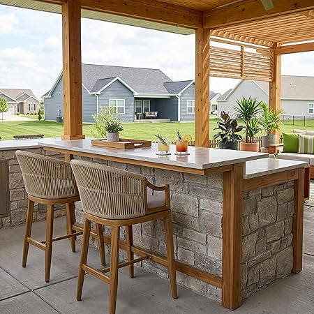 PURPLE LEAF Counter Height Bar Stools Set of 2 Patio Rattan Bar Stool Chairs Outdoor Modern Boho Barstools with Backs and Ergonomic Armrest for Balcony Garden Indoor Kitchen Island,Teak