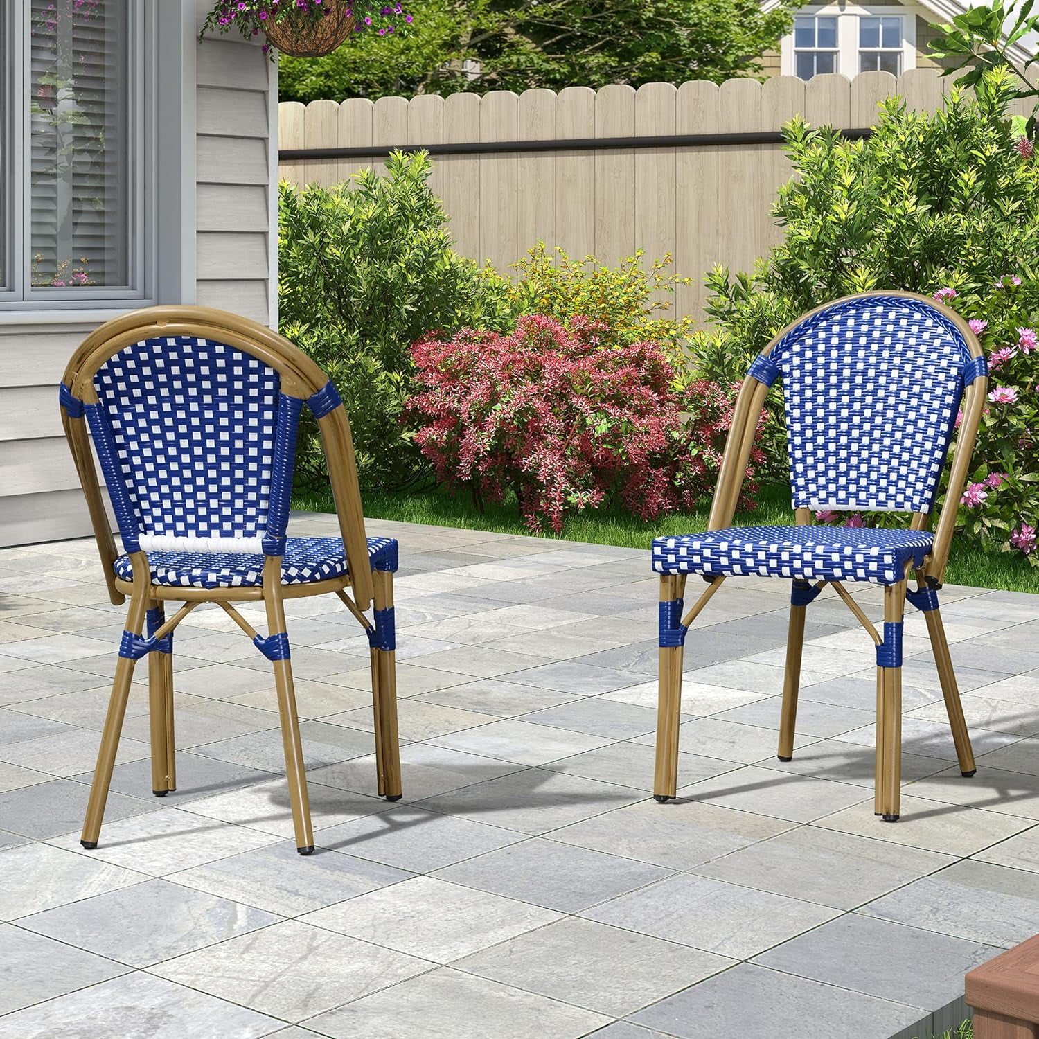 PURPLE LEAF Dining Chair Set of 2 Outdoor Dining Chairs French Hand-Woven Wicker Bamboo Print Finish Armless Chairs for Patio Porch Garden Indoor, Dark Blue