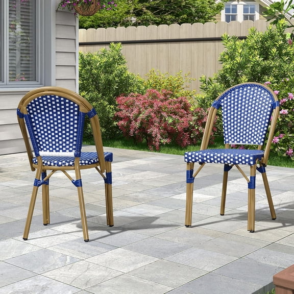 PURPLE LEAF Dining Chair Set of 2 Outdoor Dining Chairs French Hand-Woven Wicker Bamboo Print Finish Armless Chairs for Patio Porch Garden Indoor, Dark Blue