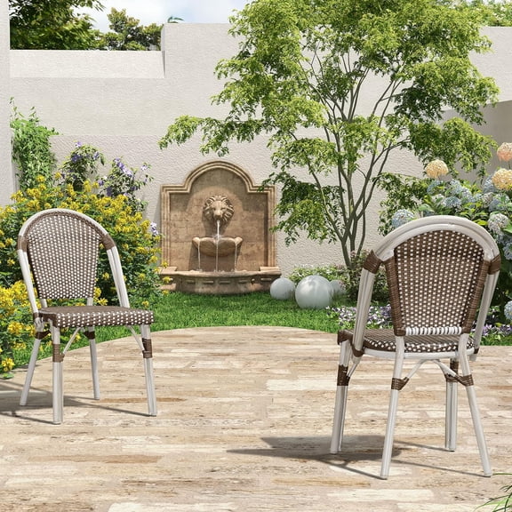 PURPLE LEAF Dining Chair Set of 2 Outdoor Dining Chairs French Hand-Woven Wicker White Print Finish Armless Chairs for Patio Porch Garden Indoor, Coffee