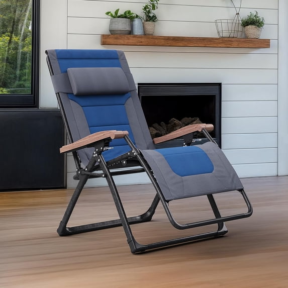PURPLE LEAF Extra Wide Outdoor Reclining Chair Patio Zero Gravity Chaise Lounge Folding Chair with Quilted Cushion Adjustable Headrest for Lawn Camping Beach Pool Grey and Navy Blue