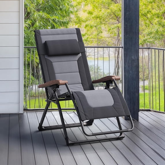 PURPLE LEAF Extra Wide Outdoor Reclining Chair Patio Zero Gravity Chaise Lounge Folding Chair with Quilted Cushion Adjustable Headrest for Lawn Camping Beach Pool Black and Grey