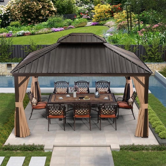 PURPLE LEAF Gazebo 12' X 14' Outdoor Hardtop Gazebo Galvanized Steel Double Roof Canopy Patio Metal Gazebo Aluminum Frame Permanent Pavilion