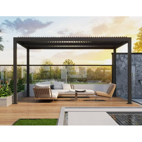 PURPLE LEAF Louvered 11' x 14' Outdoor Aluminum Pergola with Adjustable Roof for Deck Backyard Garden Grey Patio Hardtop Gazebo