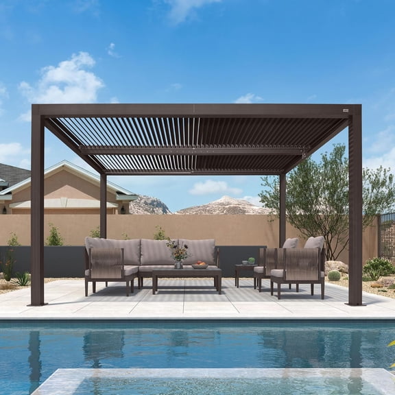 PURPLE LEAF 10' x 12' Louvered Pergola Outdoor Adjustable Louvre Shade Modern Aluminum Retractable Hardtop Roof for Deck Backyard Garden Bronze