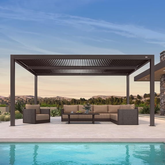 PURPLE LEAF Louvered Pergola 10' × 16' Outdoor Hardtop Pavilion Sun Shade Structure with Adjustable Canopy Aluminum Retractable Roof for Patio Deck Backyard Bronze