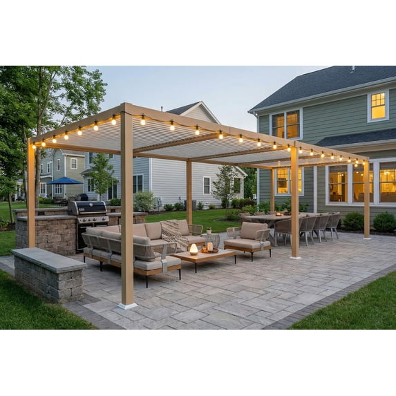 PURPLE LEAF Louvered Pergola 11' x 28' Outdoor Wood Texture Aluminum Pergola with 24 Bright LED String Lights, Adjustable Roof & Waterproof Hardtop Gazebo for Patio, Deck & Backyard Garden