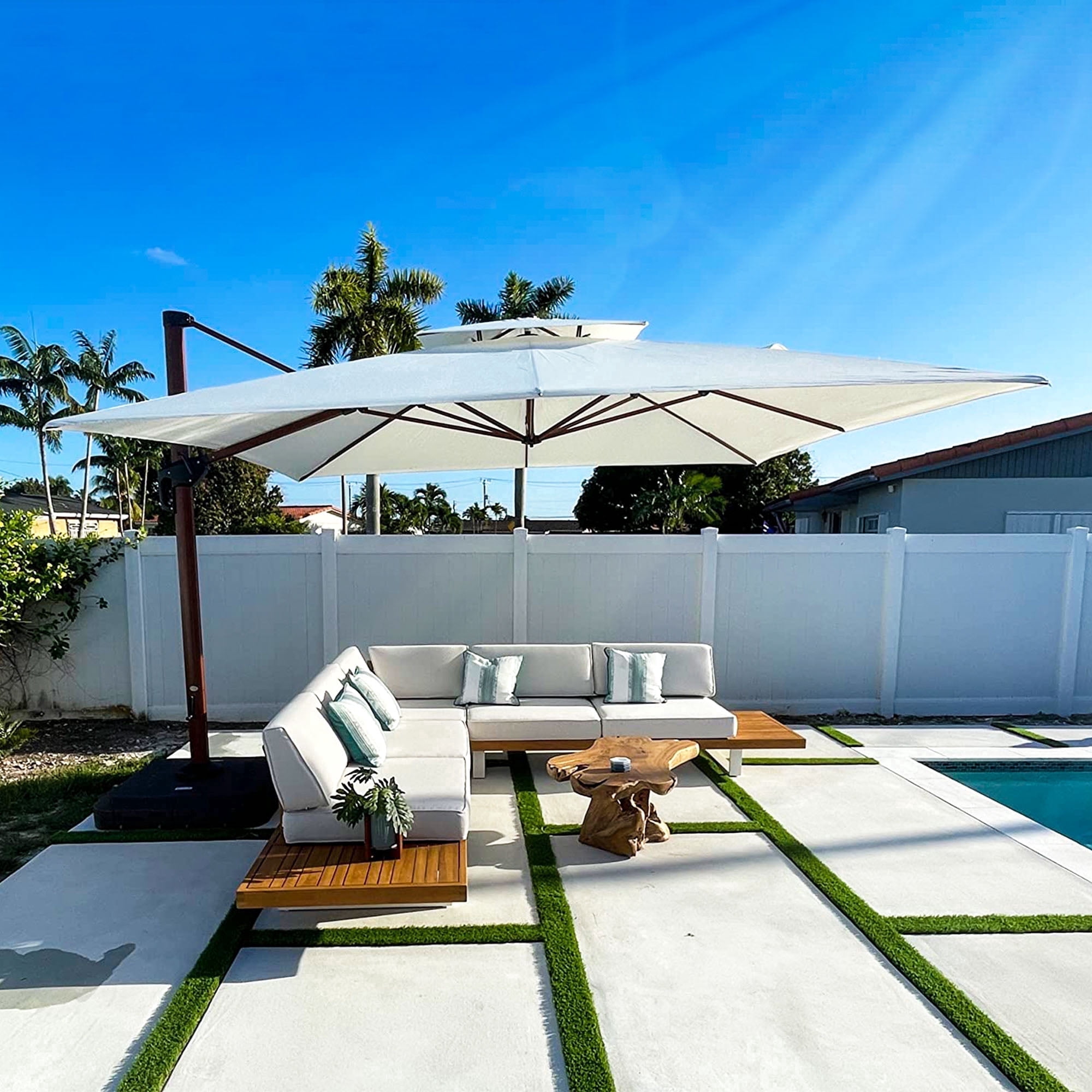 PURPLE LEAF OUTDOOR 10' x 13' Rectangle Cantilever Umbrella with Base Patio Umbrellas Wood Grain Pool Umbrella Large Umbrella for Patio, Cream
