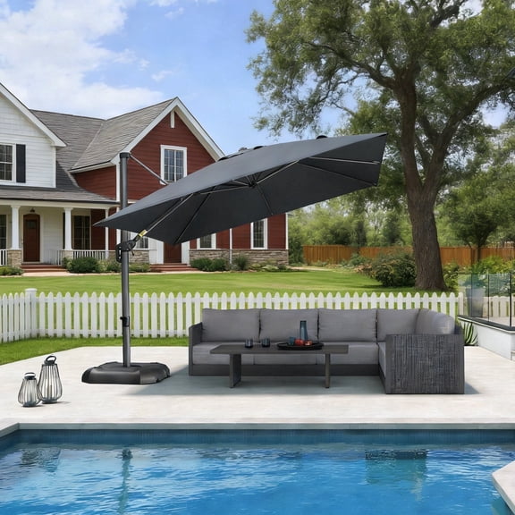 PURPLE LEAF OUTDOOR 10FT Cantilever Square Umbrella with Base - 360° Rotating Aluminum Offset Umbrella,Graphite Grey Waterproof Sun Shade for Patio, Poolside, Deck & Garden