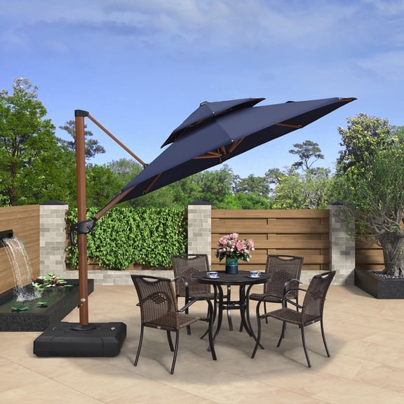 PURPLE LEAF OUTDOOR 10ft Cantilever Umbrella with Base Outdoor Offset Umbrellas Windproof Wood Grain Large Patio Umbrella Round Umbrella for Pool, Navy Blue