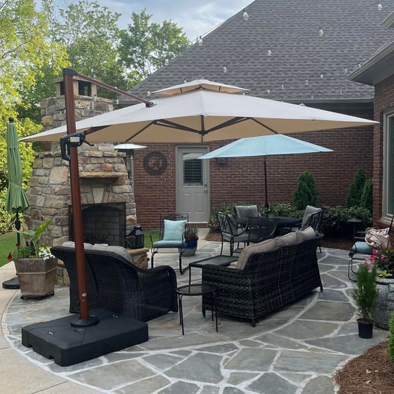 PURPLE LEAF OUTDOOR 11ft Cantilever Umbrella with Base Outdoor Offset Umbrellas Windproof Wood Grain Large Patio Umbrella Square Umbrella for Pool, Beige