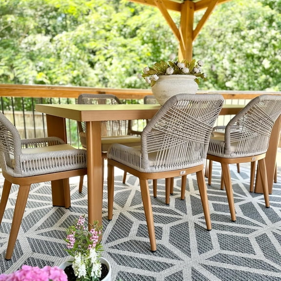 PURPLE LEAF OUTDOOR 7 Piece Modern Patio Dining Set, Rectangular Outdoor Table and Chairs with 6 PE Rattan Chairs for Garden, Backyard and Poolside, Deep Teak