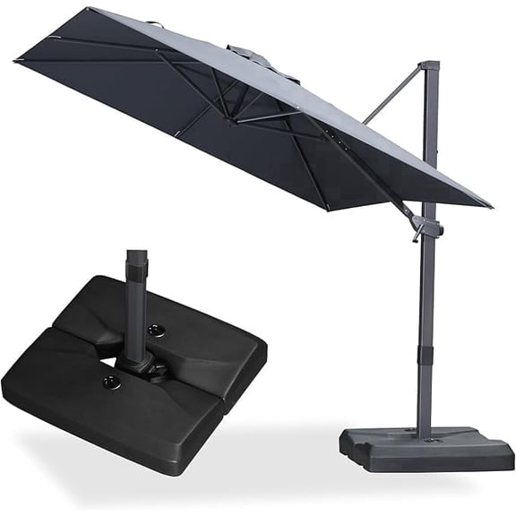 PURPLE LEAF OUTDOOR 8' × 8' Patio Cantilever Umbrella with Base Outdoor Square Adjustable Offset Umbrellas with 360-degree Rotation and 8 Heavy Duty Metal Ribs for Garden Deck Pool Grey