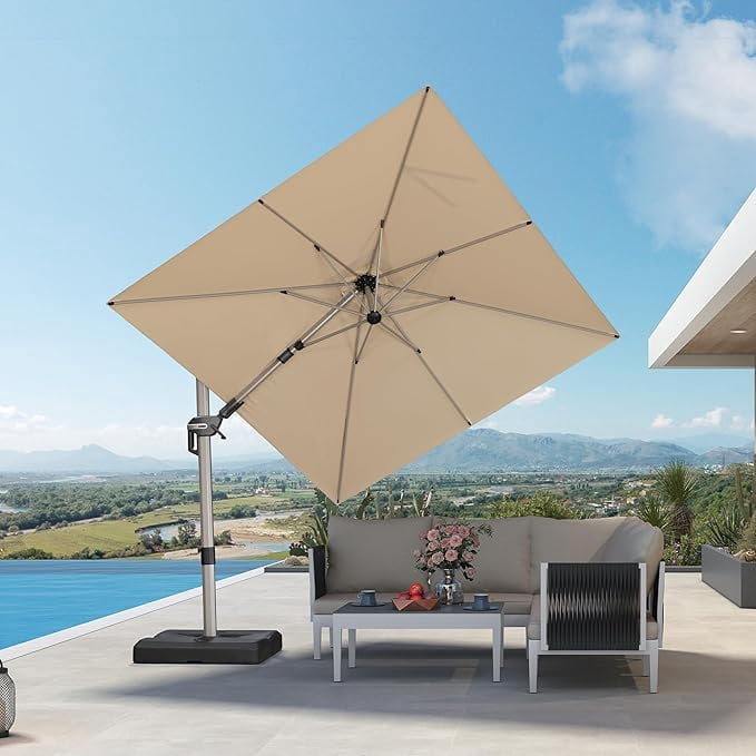 PURPLE LEAF OUTDOOR 8' X 8' Left-right Tilting Patio Umbrella Outdoor Swivel Cantilever Umbrella Aluminum Offset Umbrella with Champagne Frame for Garden Pool, Beige