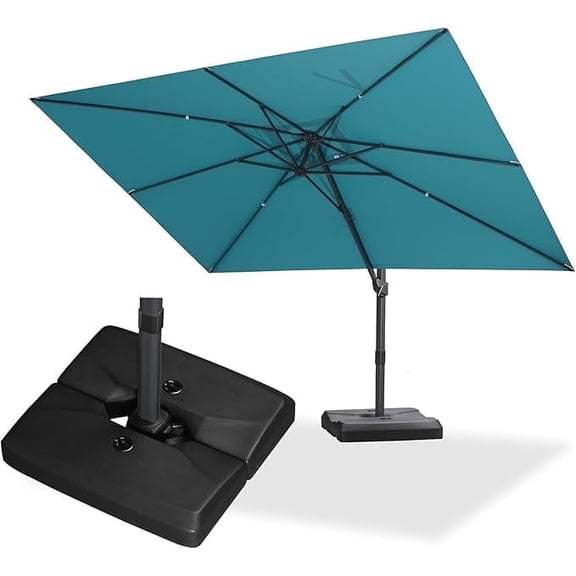 PURPLE LEAF OUTDOOR 9' × 11.5' Patio Cantilever Umbrella with Base Outdoor Rectangle Adjustable Offset Umbrellas with 360-degree Rotation and 8 Heavy Duty Metal Ribs for Pool Turquoise Blue